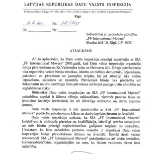 Latvijas Republikas Datu Valsts Inspekcija / FF International Movers