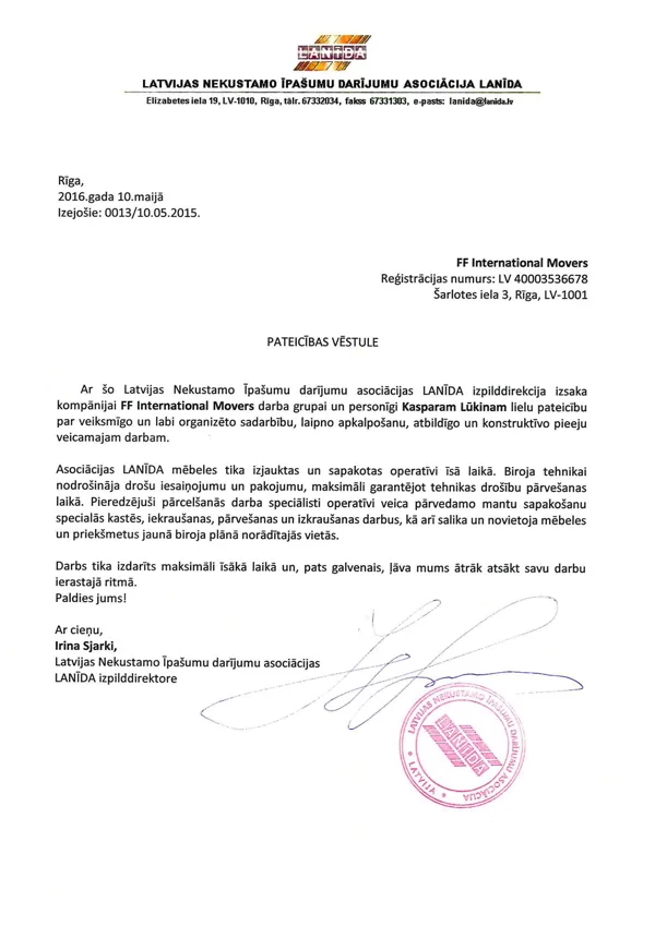 Latvijas nekustāmo īpašumu asociācija LANĪDA / FF International Movers