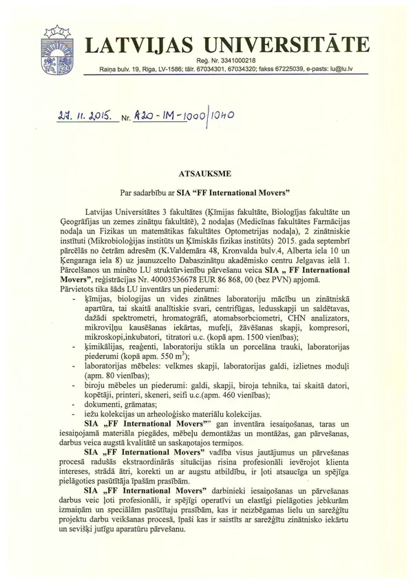 Latvijas Universitāte / FF International Movers