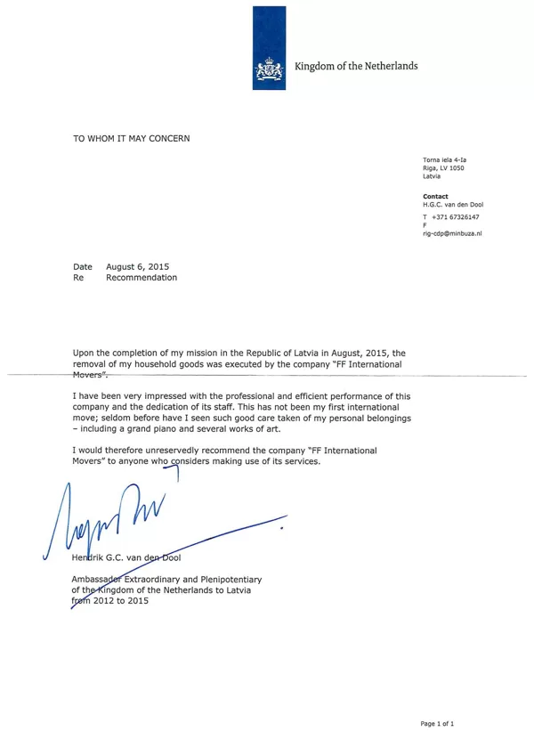 Embassy of the Kingdom of the Netherlands to Latvia / FF International Movers