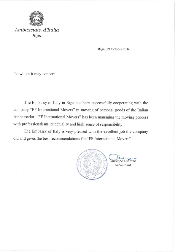 Italian Embassy in Riga / FF International Movers