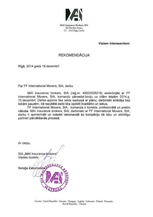 MAI Insurance Brokers / FF International Movers