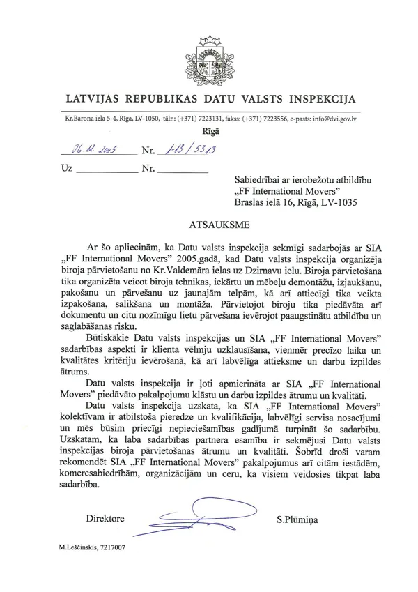 Latvijas Republikas Datu Valsts Inspekcija / FF International Movers