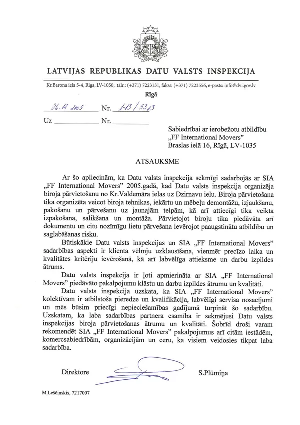 Latvijas Republikas Datu Valsts Inspekcija / FF International Movers