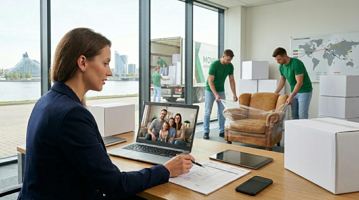 International movers consultant in Riga on a video call with a relocating family while the team wraps furniture and loads the truck